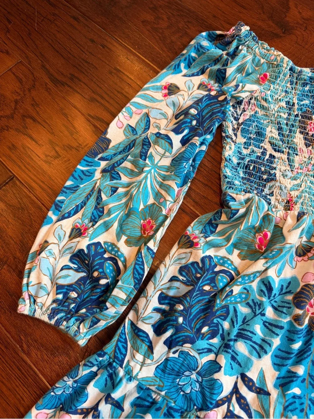 Lilly Pulitzer Blue Tropical Smocked Long-Sleeve Dress